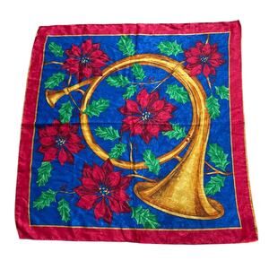 Vintage silky brocade Christmas scarf festive French Horn holiday motif 1980's